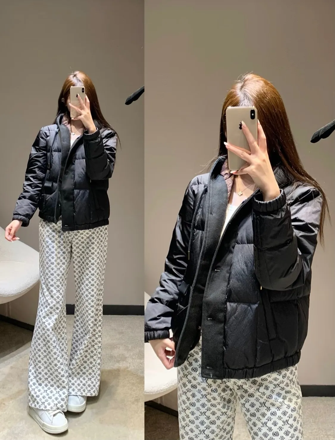 Louis Vuitton/Louis Vuitton embossed leather label fine plaid hooded down jacket